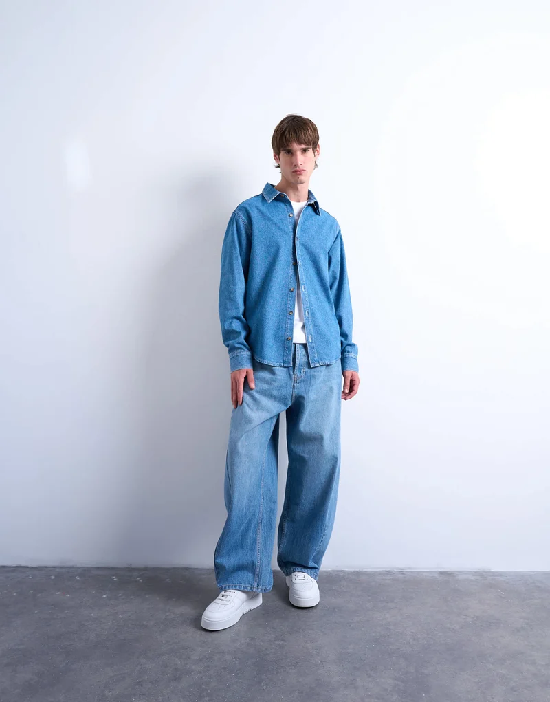 Topman regular fit denim long sleeve shirt in mid wash