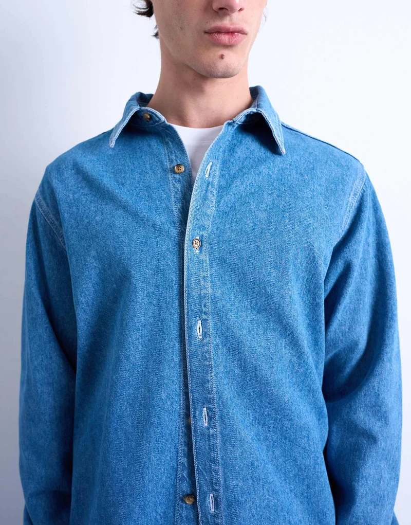 Topman regular fit denim long sleeve shirt in mid wash