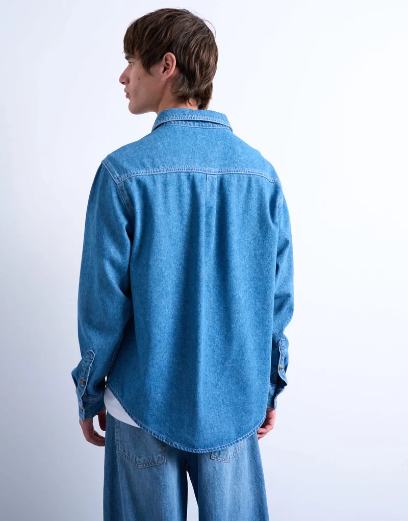 Topman regular fit denim long sleeve shirt in mid wash