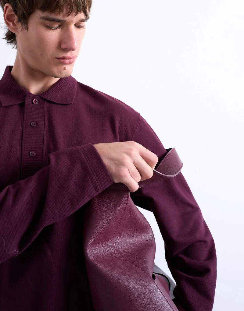 Topman long sleeve textured polo in burgundy