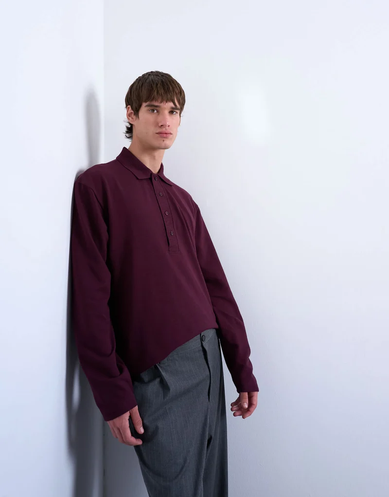 Topman long sleeve textured polo in burgundy