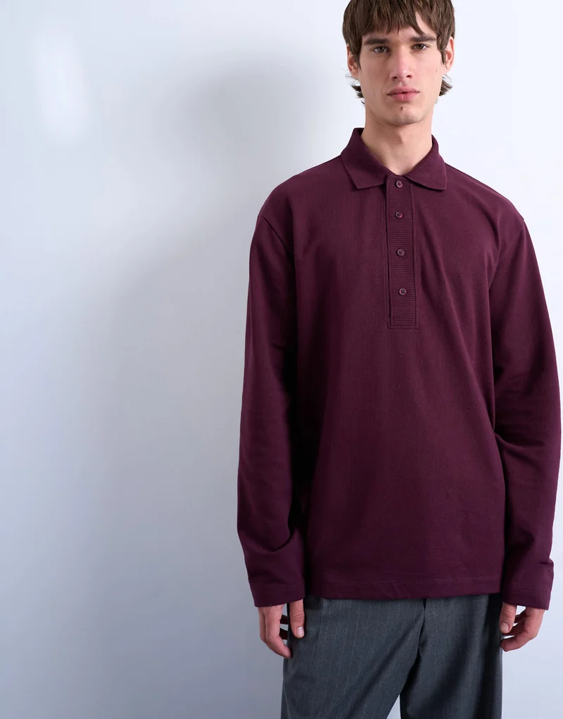 Topman long sleeve textured polo in burgundy