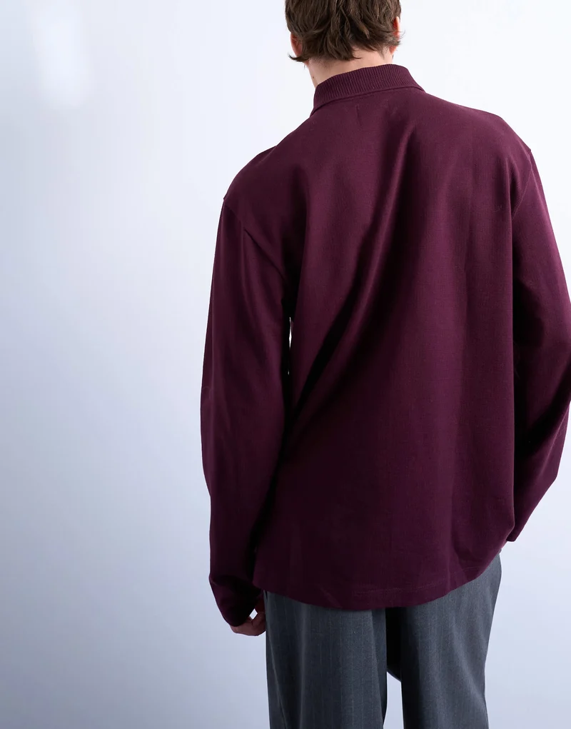 Topman long sleeve textured polo in burgundy