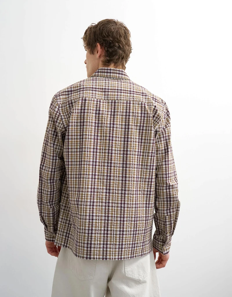 Topman regular fit textured check shirt in brown