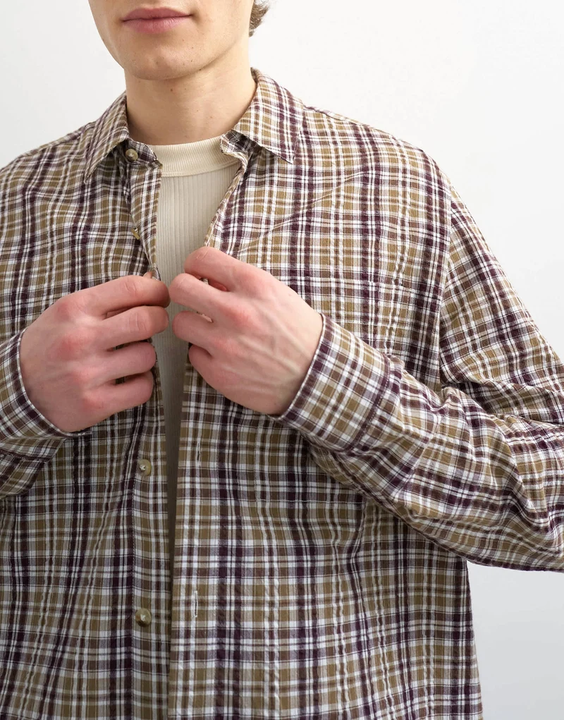 Topman regular fit textured check shirt in brown