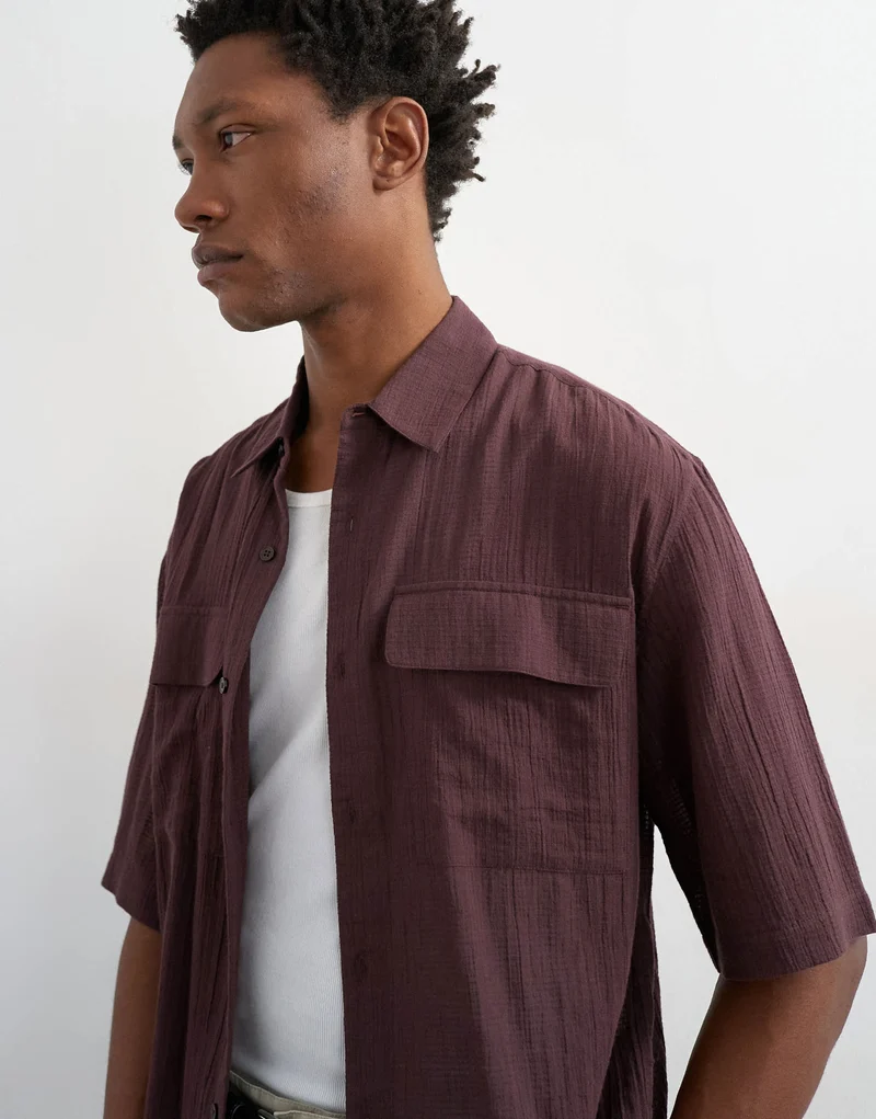 Topman relaxed fit crop sheer ripstop short sleeve shirt in brown