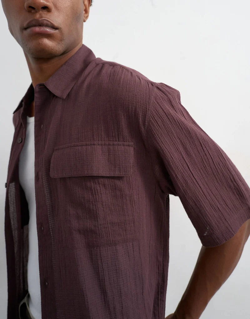 Topman relaxed fit crop sheer ripstop short sleeve shirt in brown