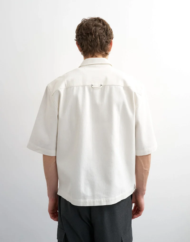 Topman relaxed fit short sleeve twill crop overshirt in contrast ecru
