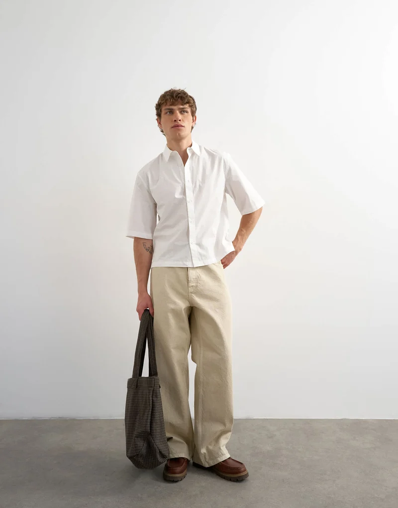 Topman relaxed fit crop poplin short sleeve shirt in white
