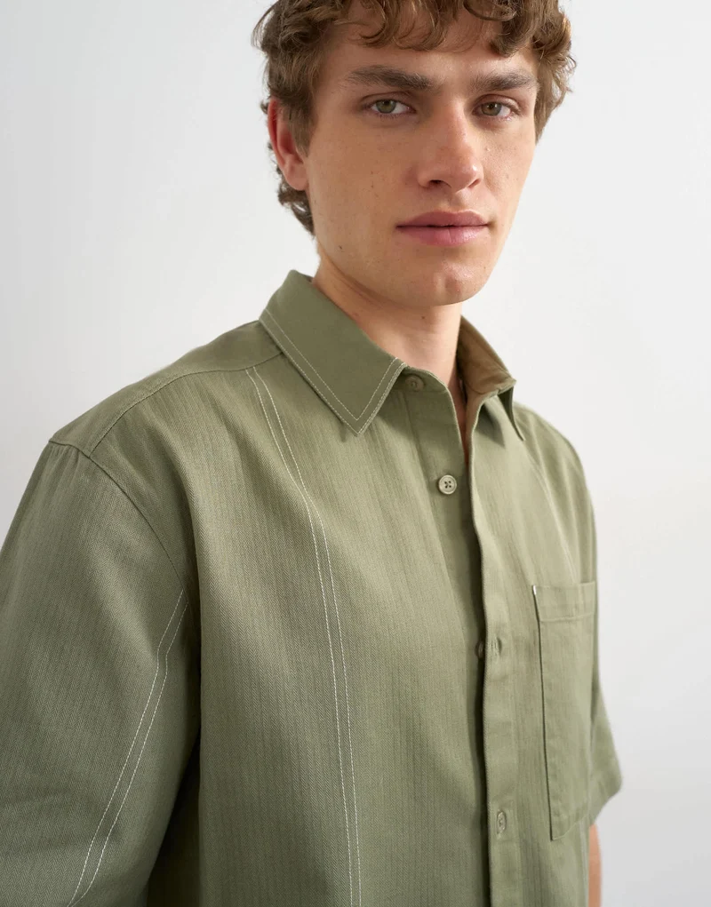 Topman relaxed fit crop short sleeve herringbone shirt in olive green