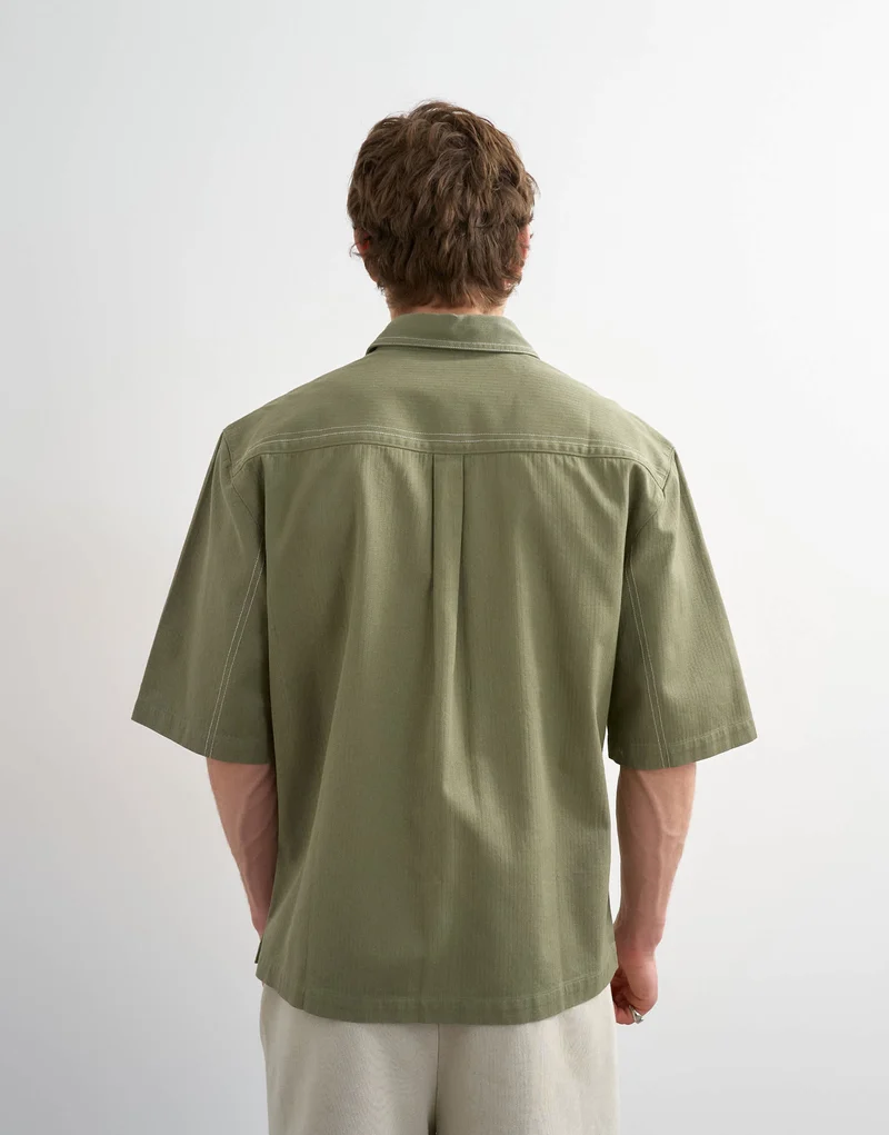 Topman relaxed fit crop short sleeve herringbone shirt in olive green