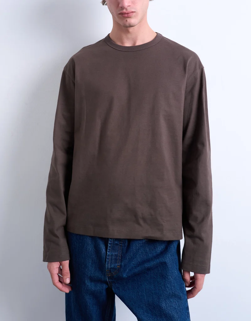 Topman boxy oversized long sleeve t-shirt in brown