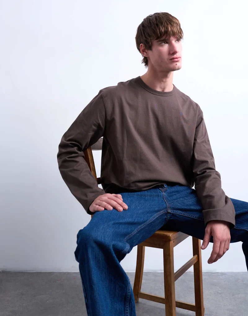 Topman boxy oversized long sleeve t-shirt in brown