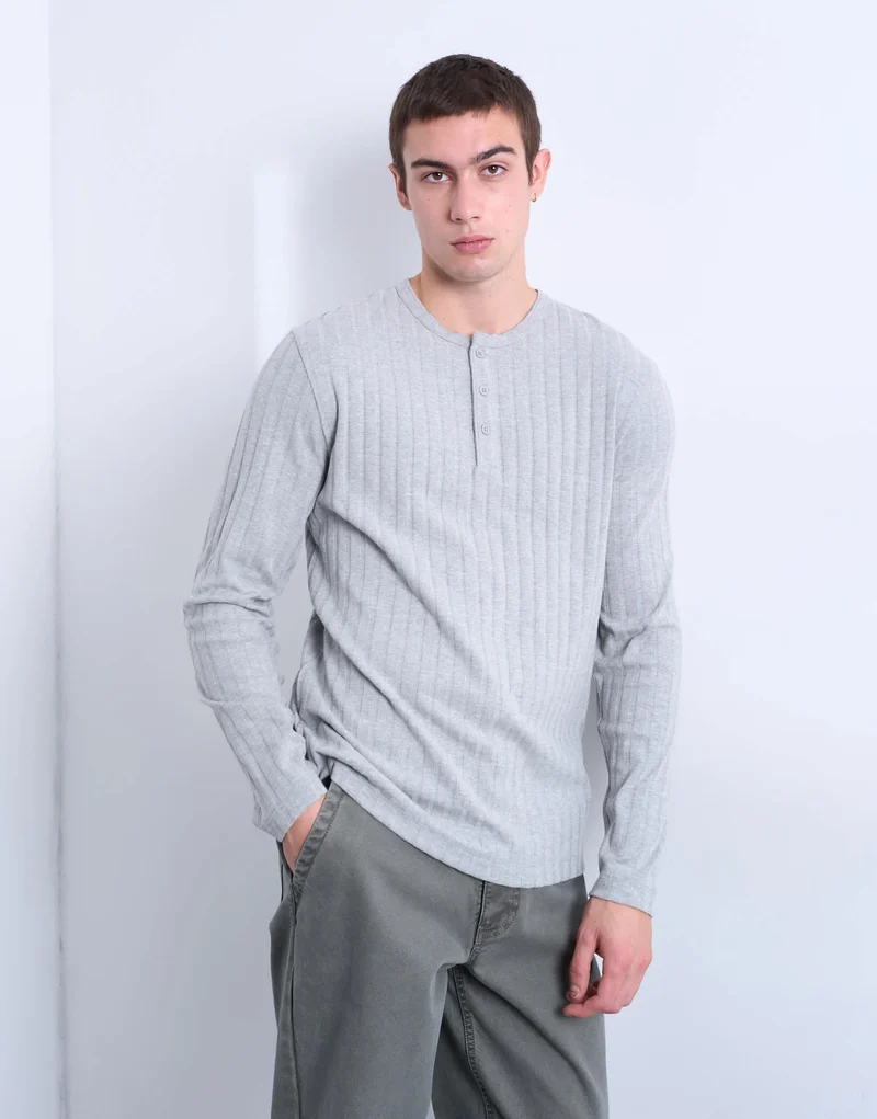 Topman long sleeve rib henley tee in grey