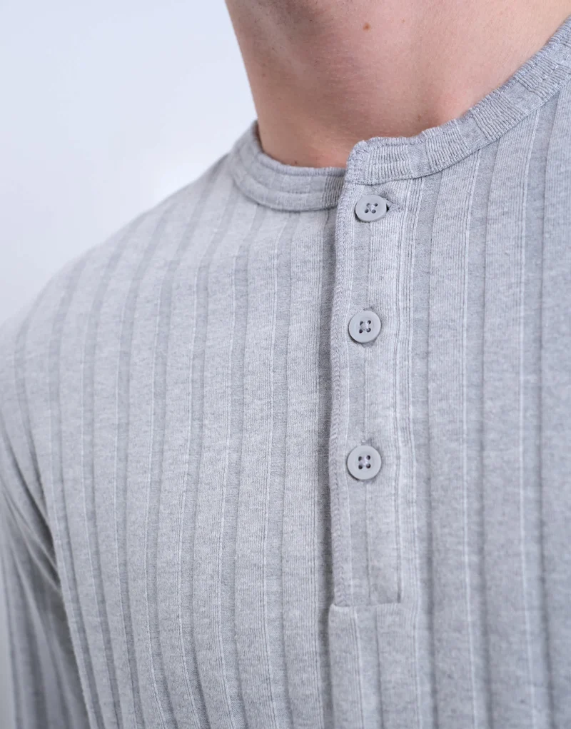 Topman long sleeve rib henley tee in grey