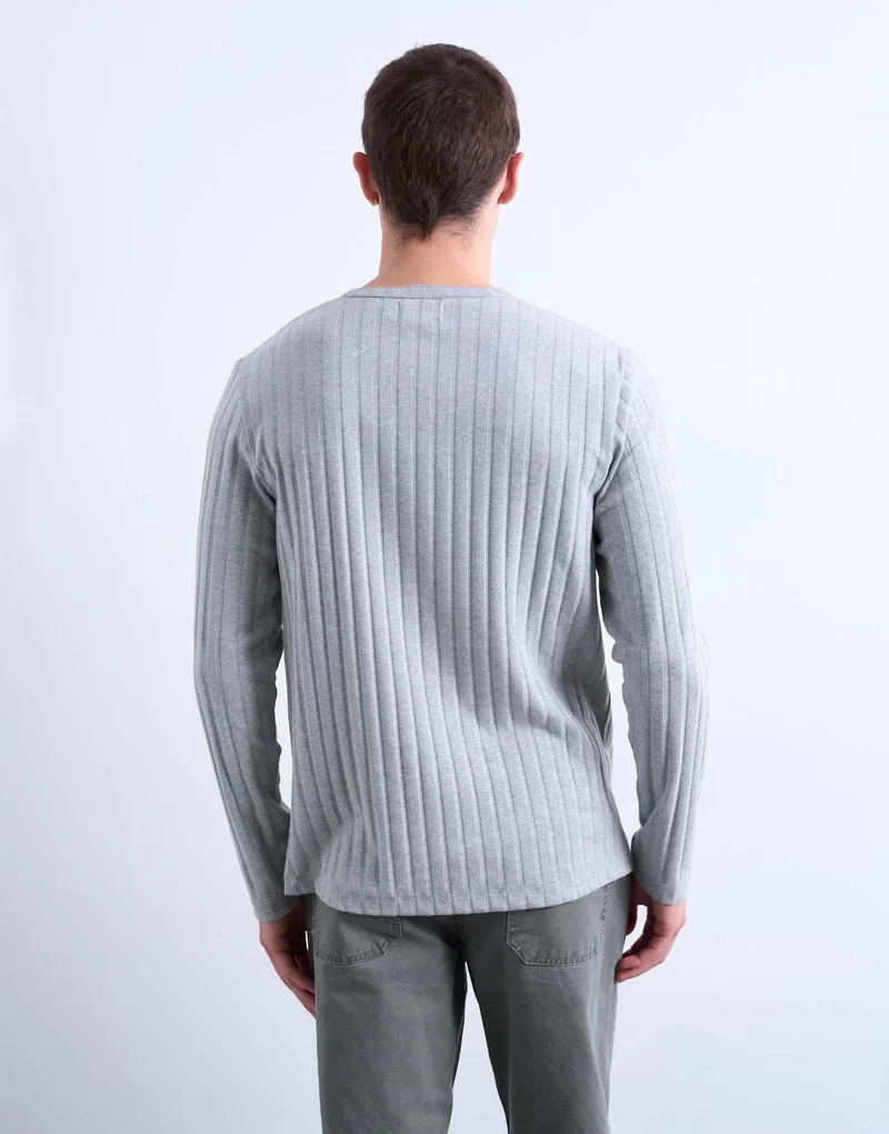 Topman long sleeve rib henley tee in grey