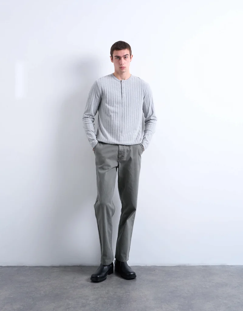 Topman long sleeve rib henley tee in grey