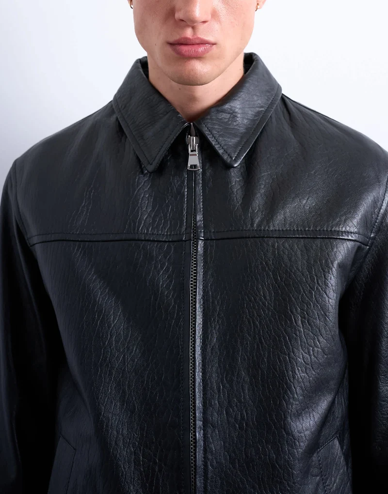 Topman real leather harrington jacket in black