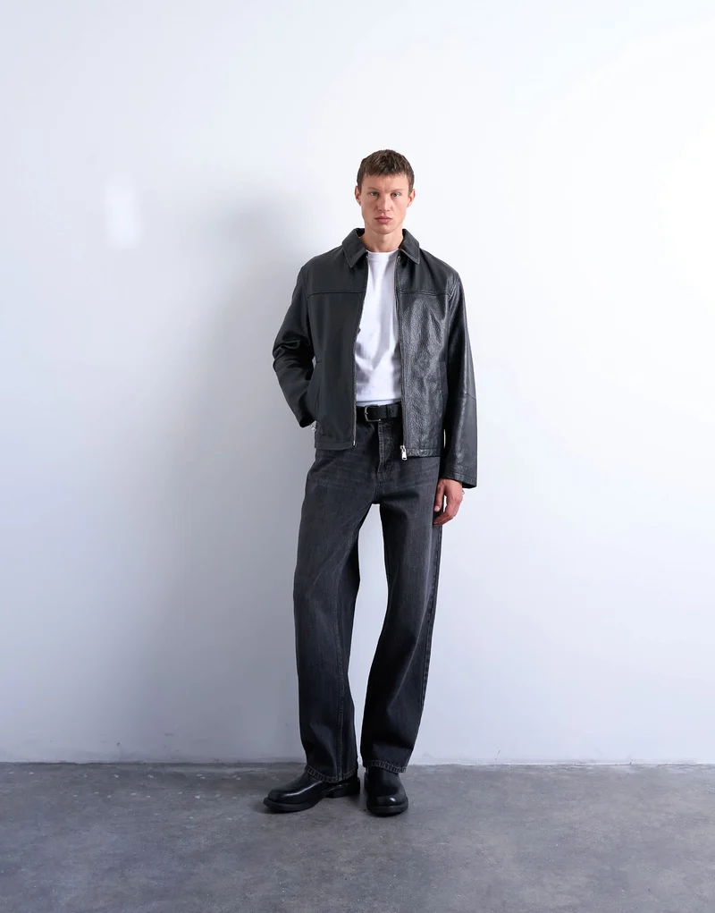Topman real leather harrington jacket in black