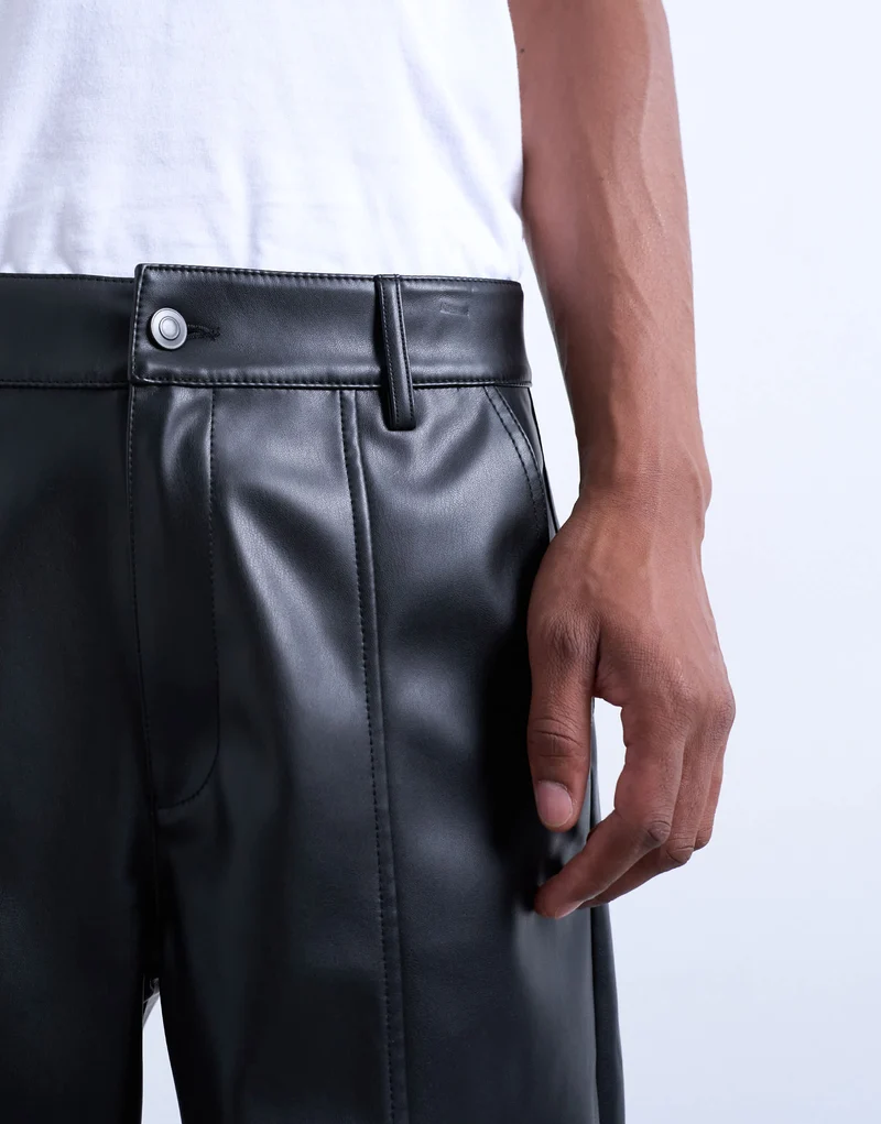 Topman baggy fit faux leather trouser in black