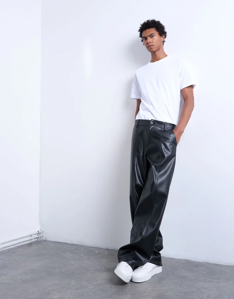 Topman baggy fit faux leather trouser in black