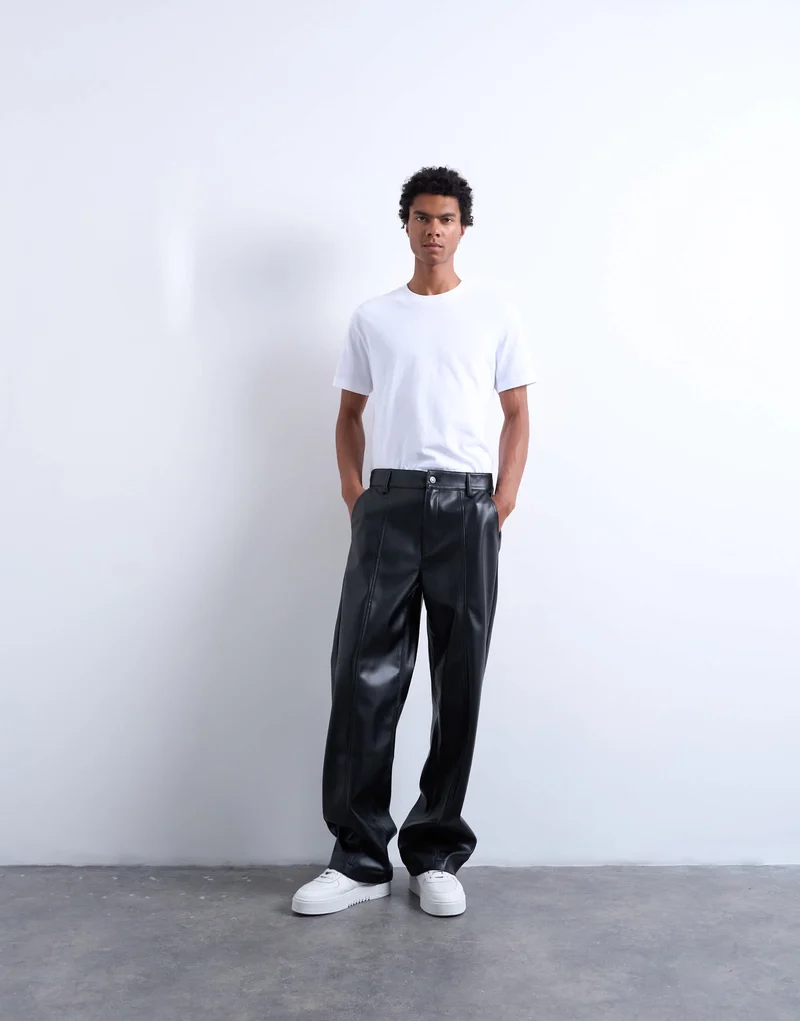 Topman baggy fit faux leather trouser in black