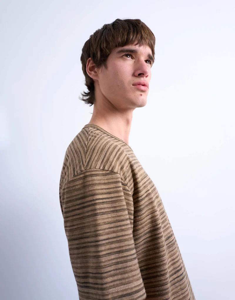 Topman relaxed fit knitted stripe t-shirt in brown