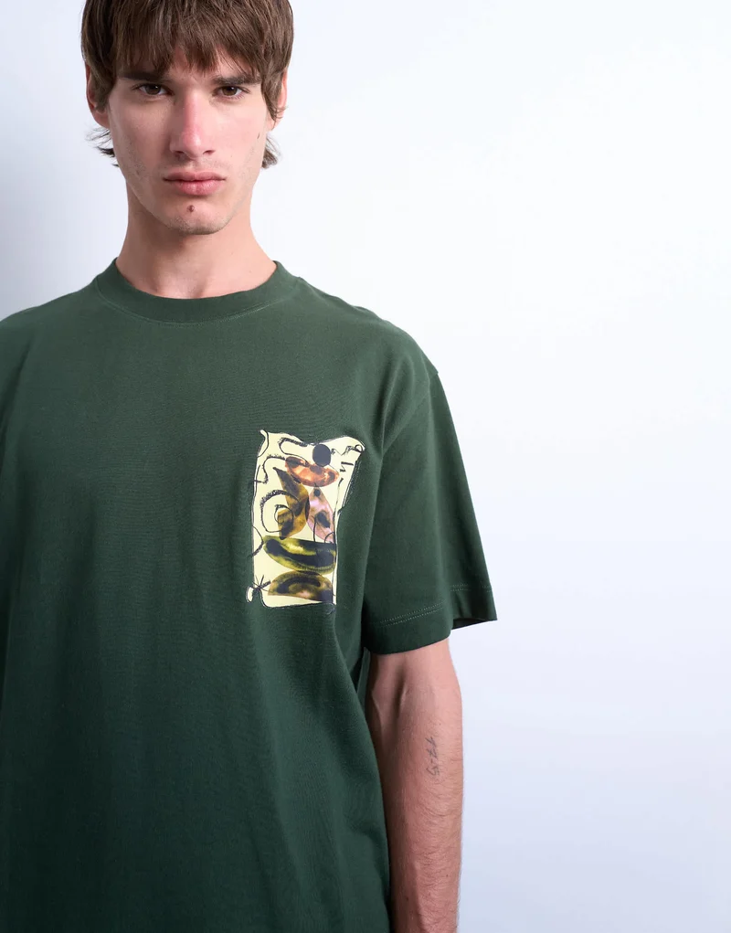 Topman relaxed fit t-shirt with front and back watercolour shapes print in dark green