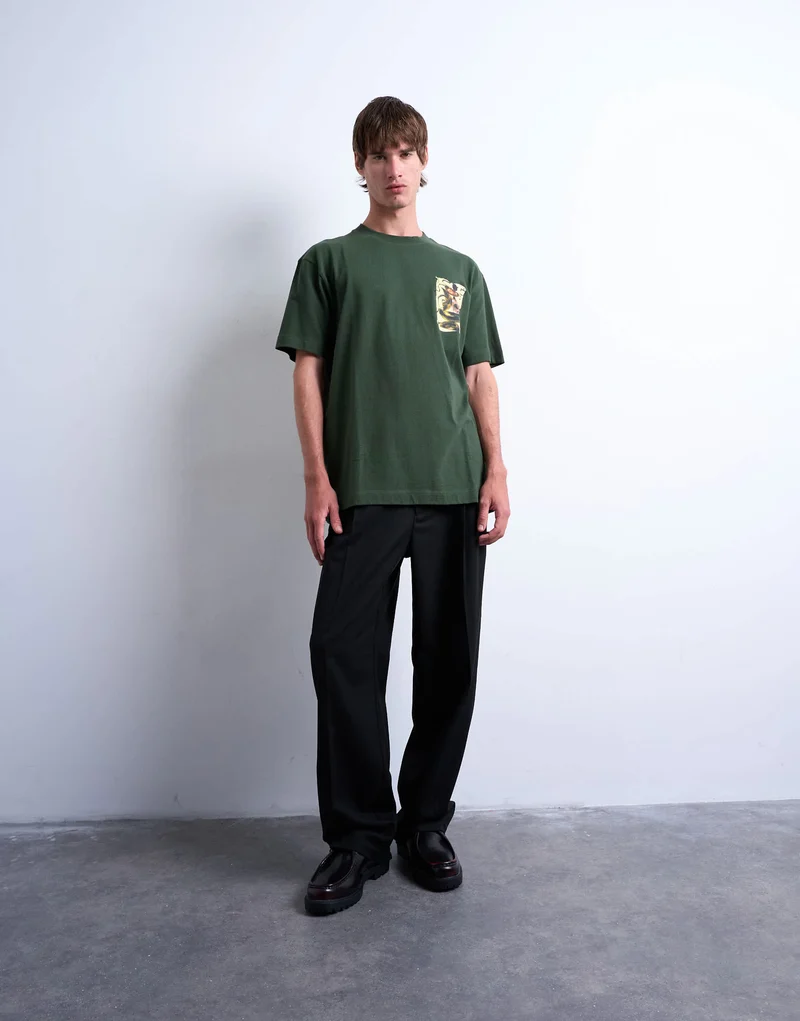 Topman relaxed fit t-shirt with front and back watercolour shapes print in dark green
