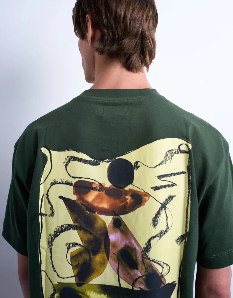 Topman relaxed fit t-shirt with front and back watercolour shapes print in dark green