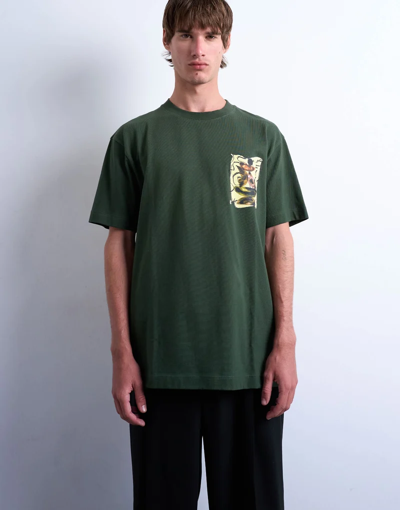Topman relaxed fit t-shirt with front and back watercolour shapes print in dark green
