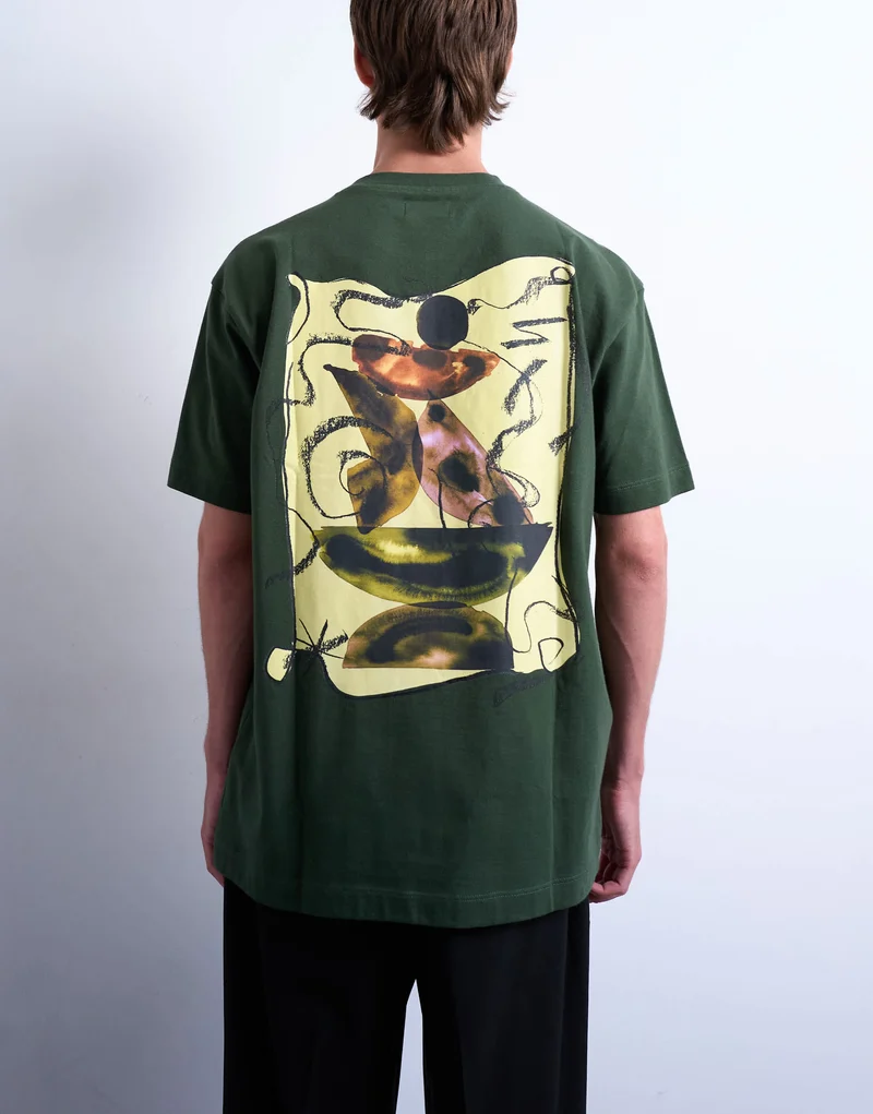Topman relaxed fit t-shirt with front and back watercolour shapes print in dark green