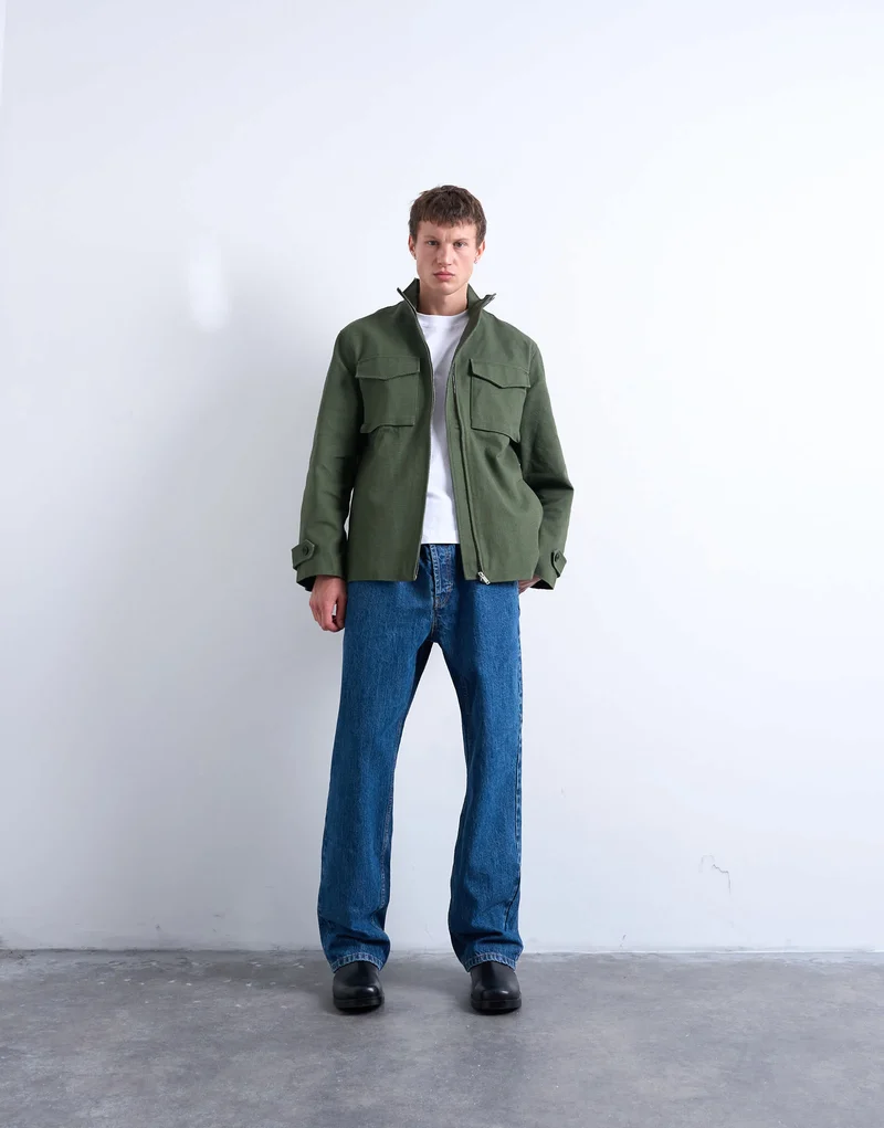 Topman double pocket funnel neck canvas jacket in green