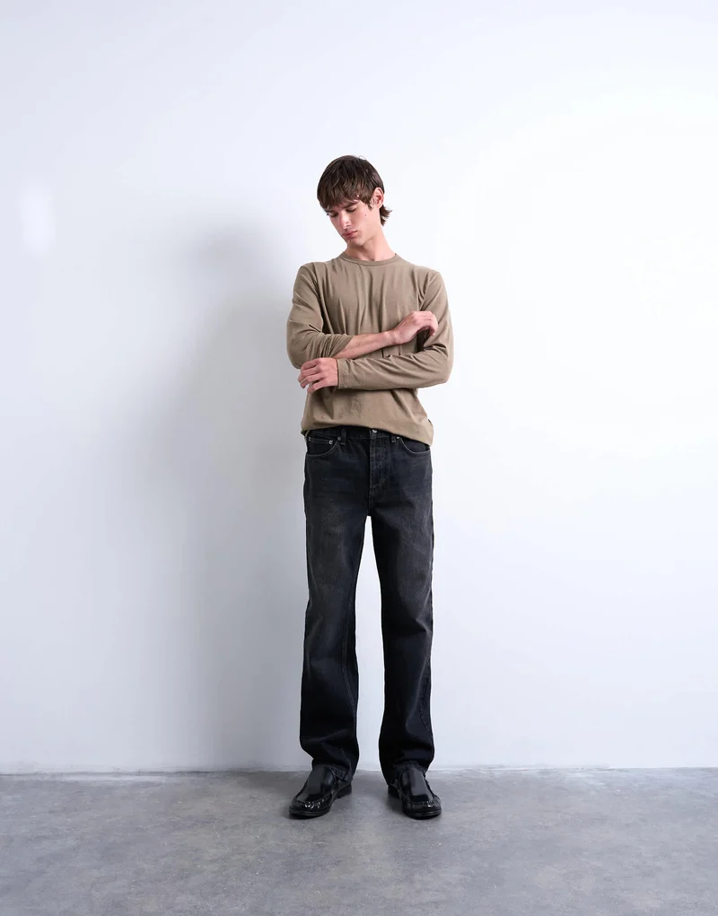 Topman lightweight long sleeve classic fit t-shirt in khaki