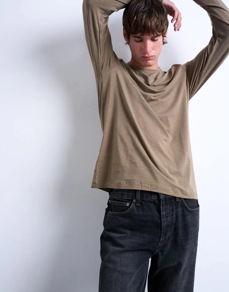 Topman lightweight long sleeve classic fit t-shirt in khaki