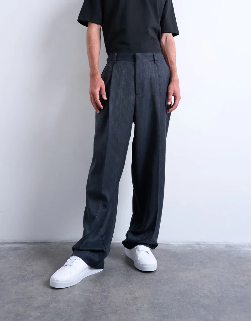Topman wide leg pleated stripe trouser in grey