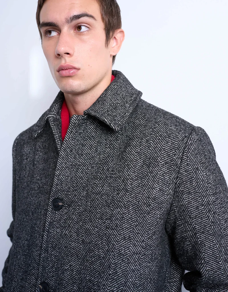 Topman herringbone wool blend overcoat in black