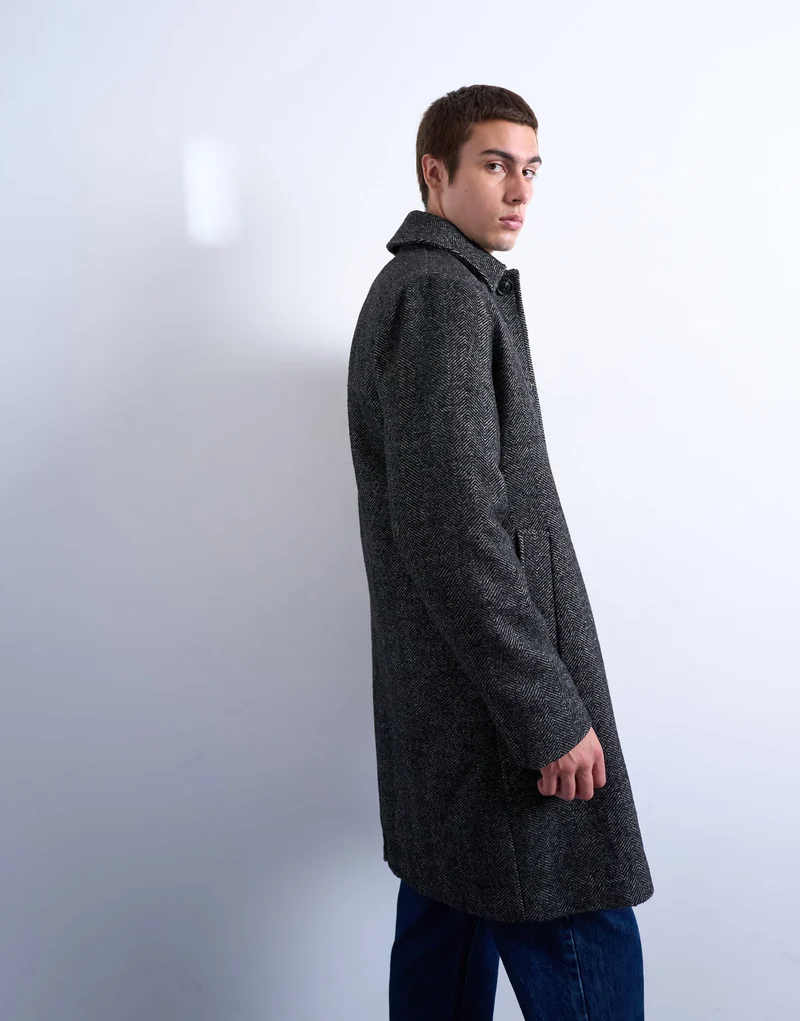 Topman herringbone wool blend overcoat in black