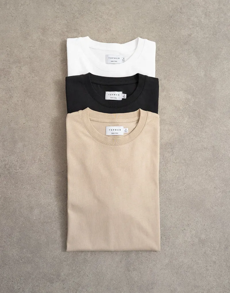 Topman 3 pack relaxed fit t-shirt in white, chocolate and stone
