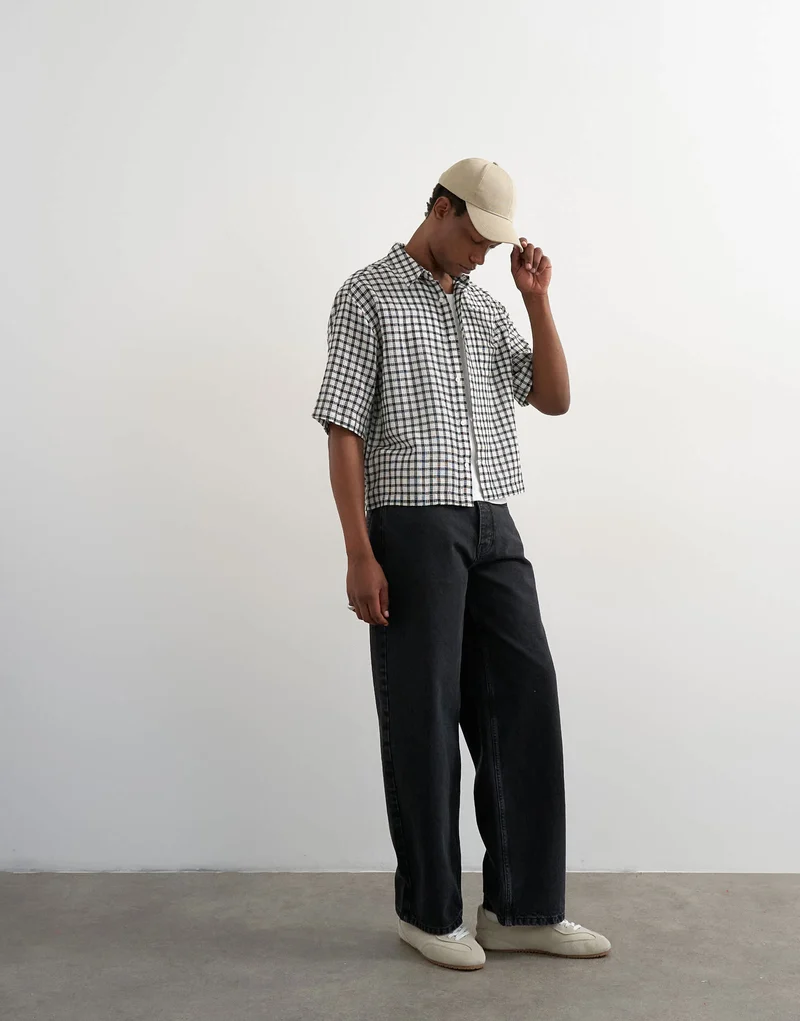 Topman relaxed fit crop textured check shirt in mono
