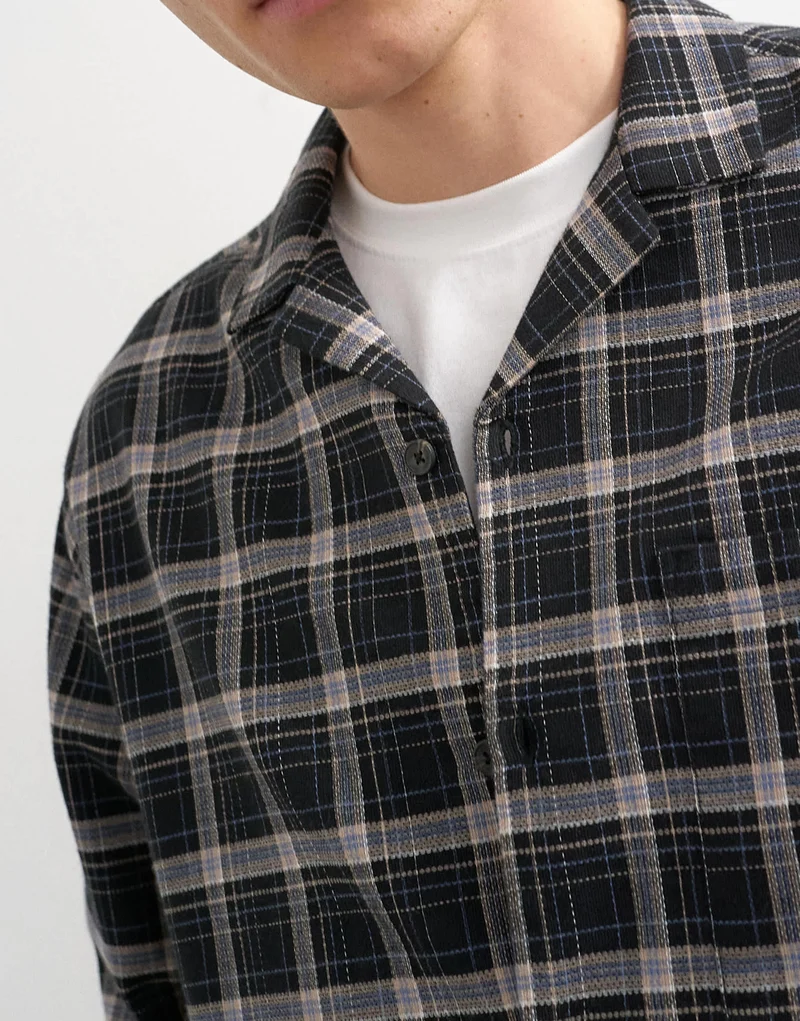 Topman relaxed fit textured check revere shirt in black