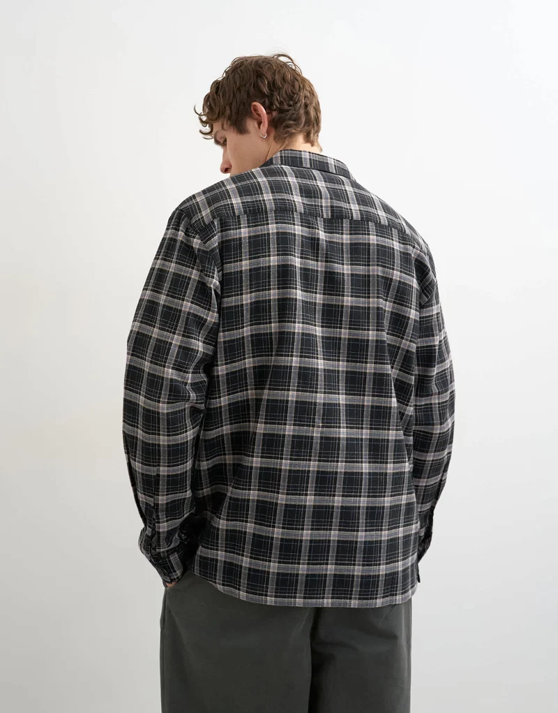 Topman relaxed fit textured check revere shirt in black