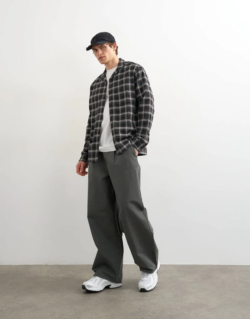 Topman relaxed fit textured check revere shirt in black