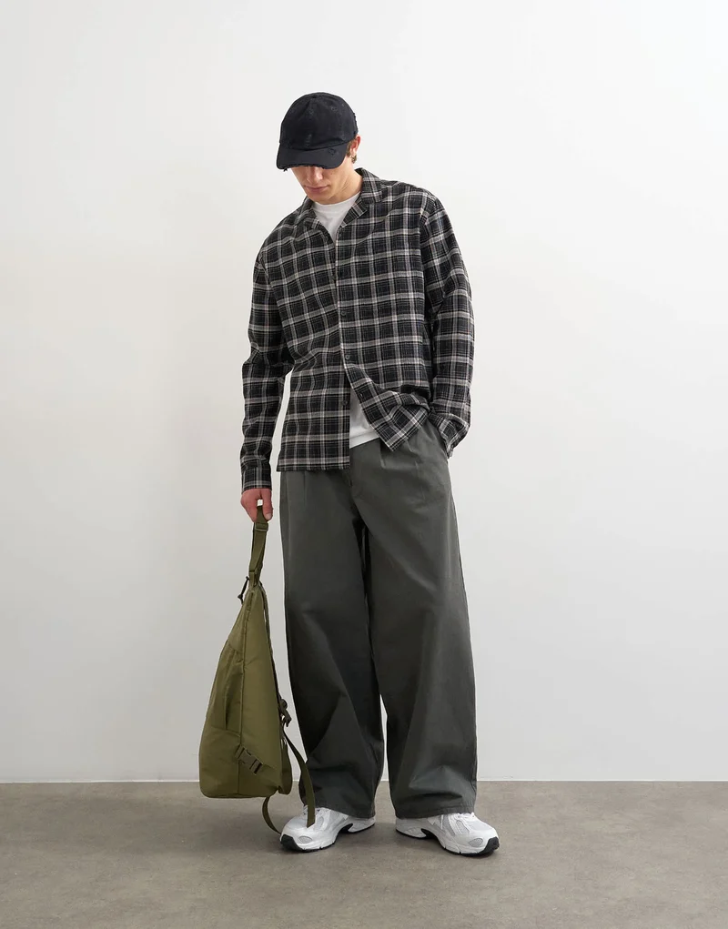 Topman relaxed fit textured check revere shirt in black