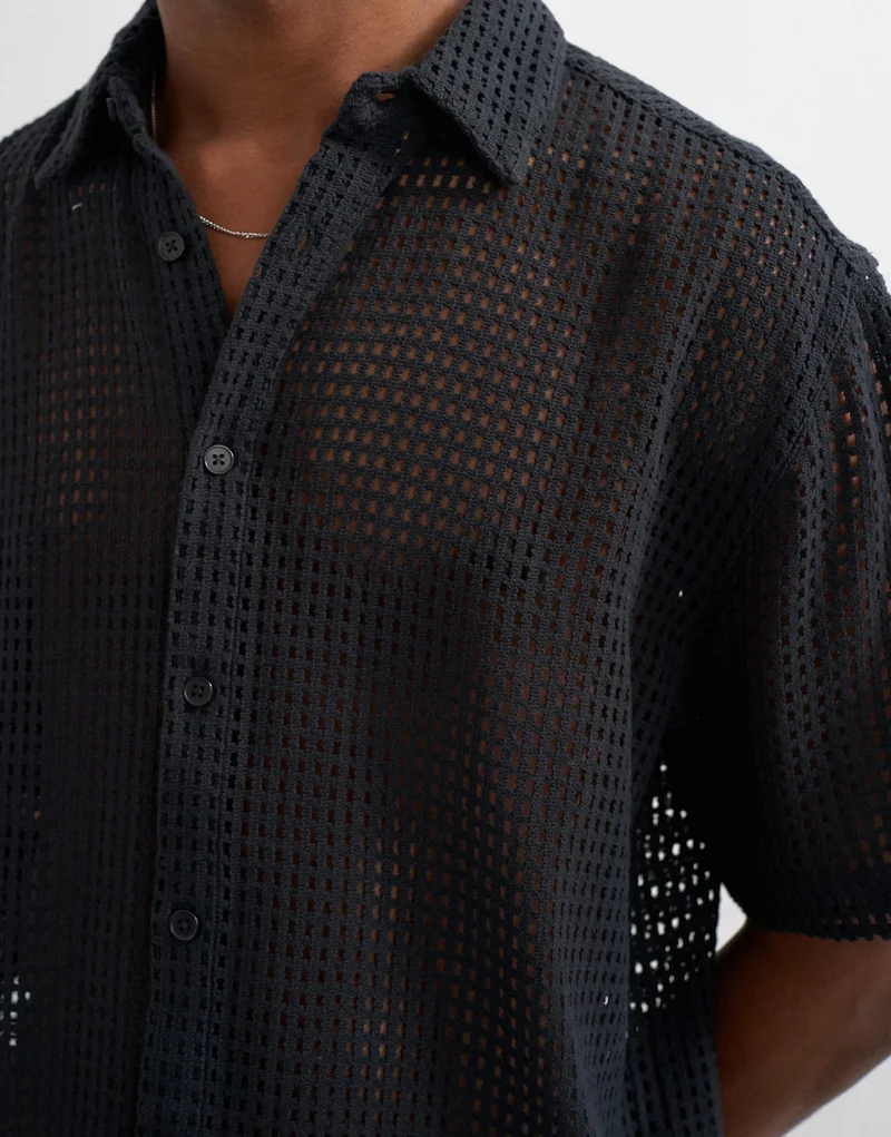 Topman relaxed fit short sleeve woven mesh shirt in black