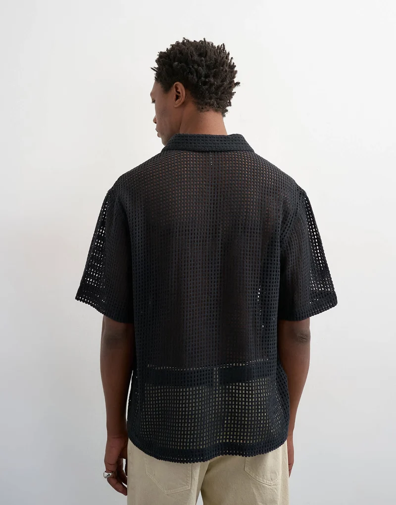 Topman relaxed fit short sleeve woven mesh shirt in black