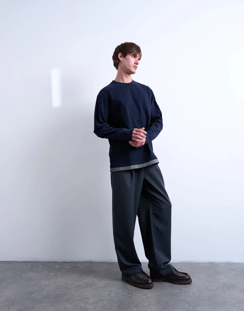 Topman double layer jersey long sleeve tee in navy and grey