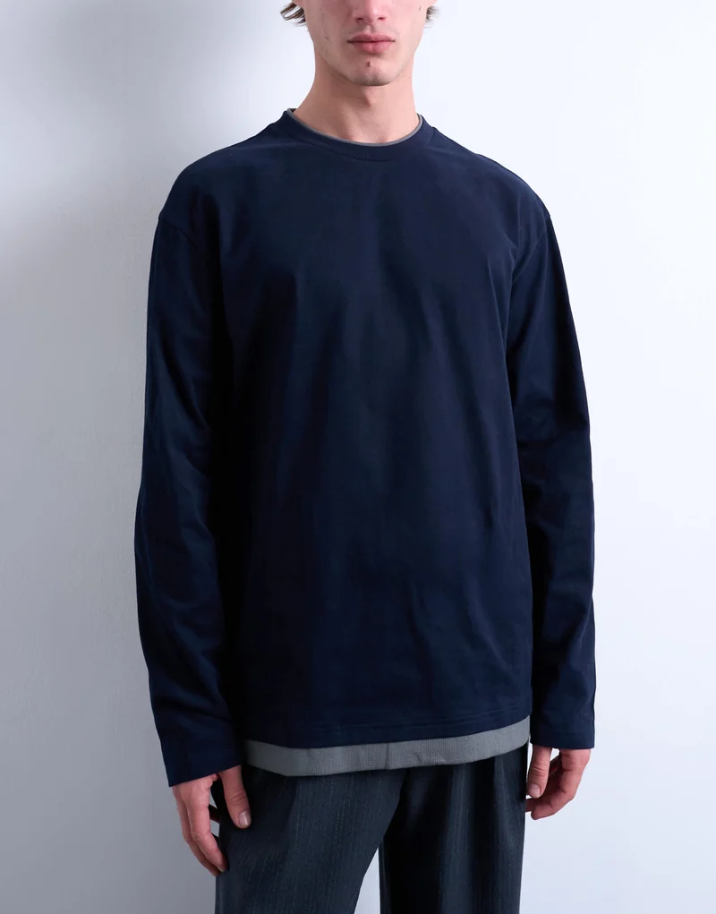 Topman double layer jersey long sleeve tee in navy and grey