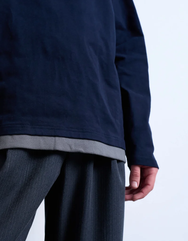 Topman double layer jersey long sleeve tee in navy and grey