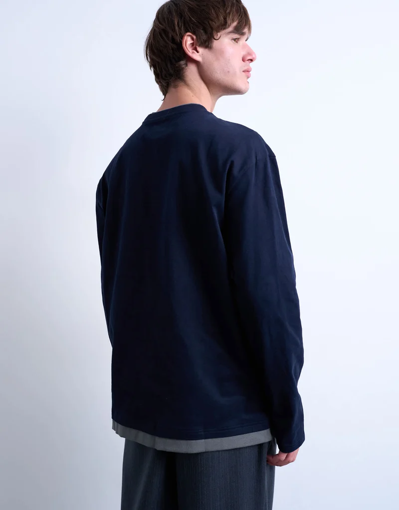 Topman double layer jersey long sleeve tee in navy and grey